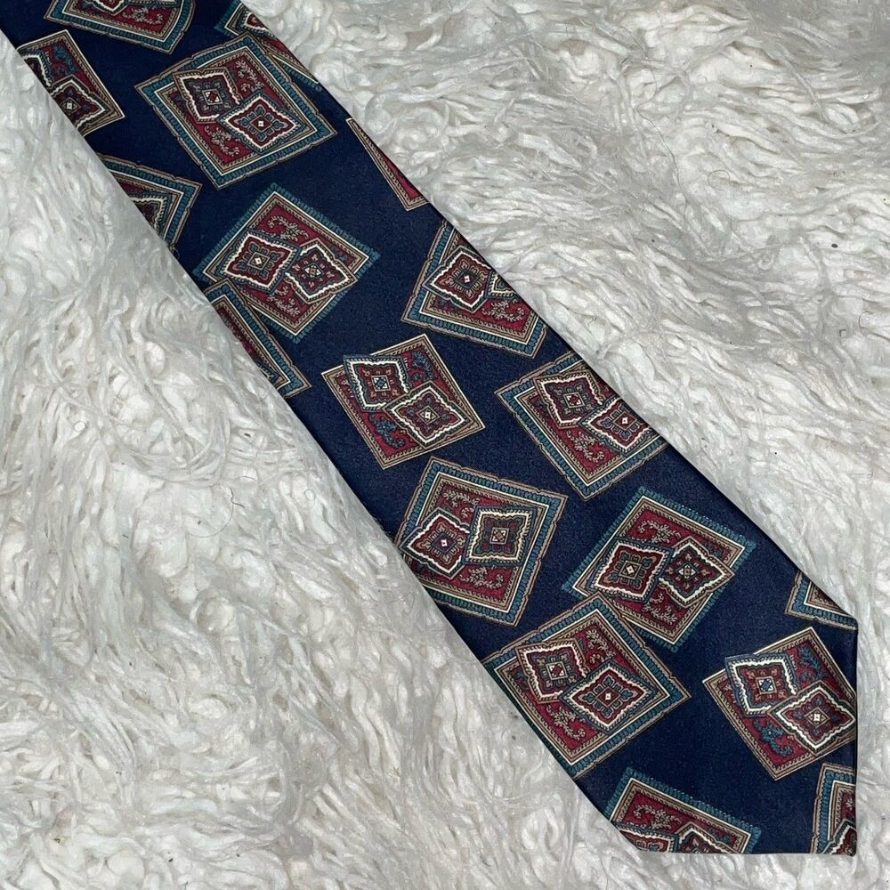 Oscar de la Renta Tie Navy Blue, red, green Made In USA 100% Imported Silk